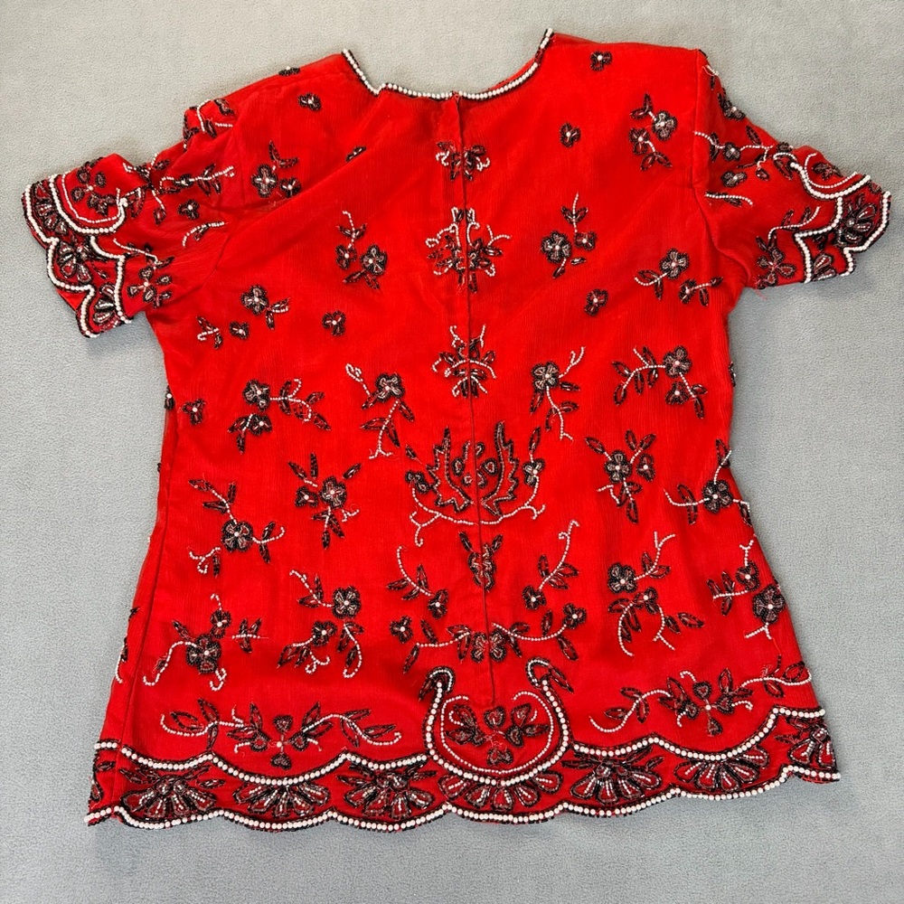 Stenay Vintage Women's Red Silk Black & White Beaded Formal Top- Size XL - Picture 9 of 12